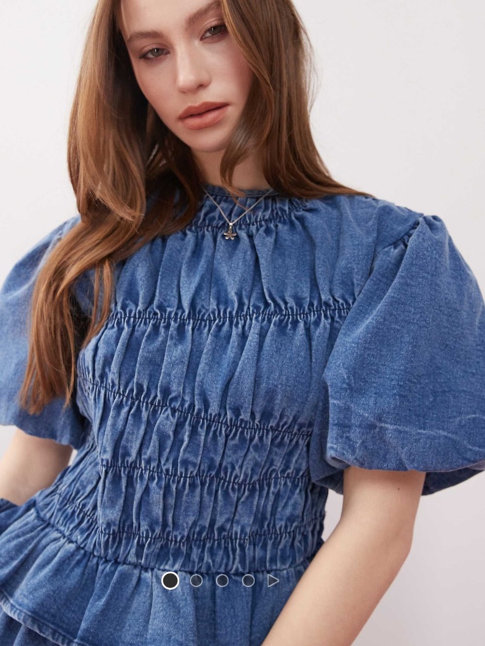 Reclaimed Vintage Blue Denim Puff-Sleeve Shirred Top - Picture 13 of 13